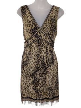 Kelly & Diane Silk Leopard Print V-Neck Cocktail Dress Y2K 8 Beaded Fringe